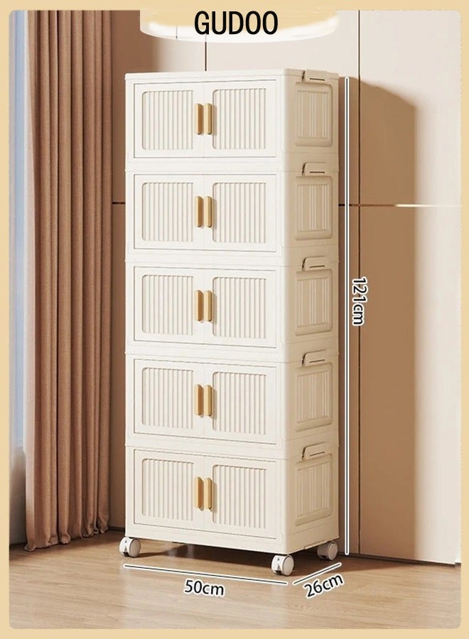 GUDOO 5 Tier Storage Bins Stackable with Doors Plastic Drawers Rolling Wheels for Bedroom Closet, Compact Dorm Organizer Cream Finish, Easy Gliding Shelves - Image 1